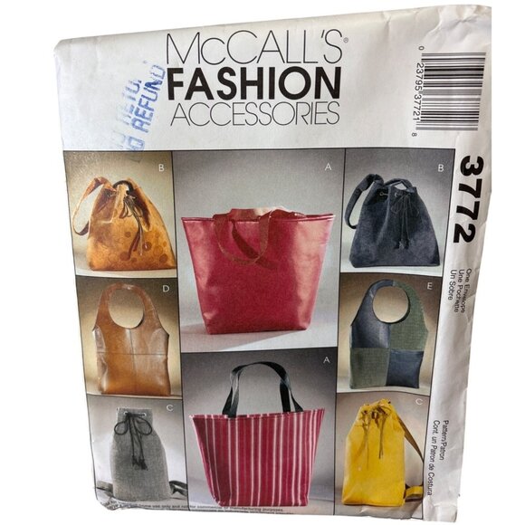 McCalls 3772 Fashion Accessories Sewing Pattern Lined Bags & Totes Uncut - Picture 1 of 4